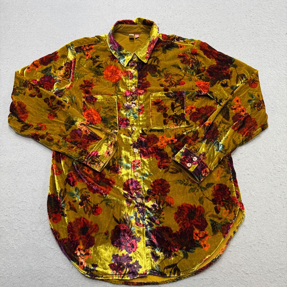 Pilcro Anthropologie Shirt Women's XS Yellow Floral Velvet Button Down Bohemian